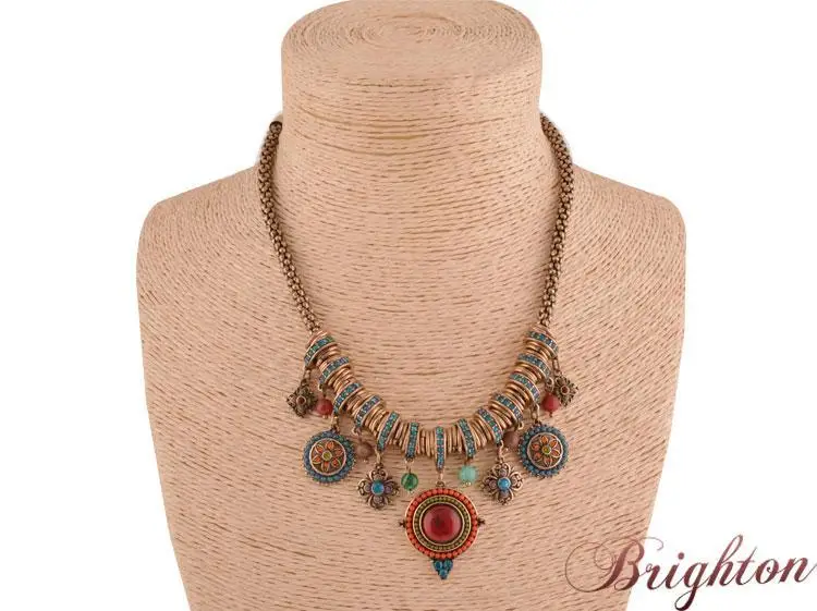 2015 New Retro jewelry gold plated colourful resin stone&beads pendant bohemian style vintage women statement necklace K13908|necklace with cross