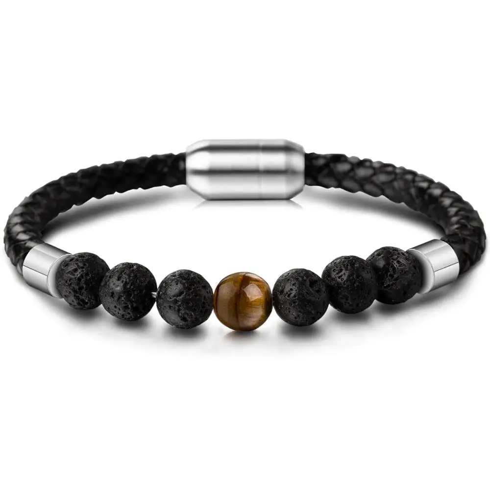 Tiger Stone UMODE брендовые кожаные браслеты для мужчин, Исцеляющие настоящие 7 Чакр из натурального камня, мужские дизайнерские ювелирные изделия, Роскошные браслеты UB0127 - Окраска металла: Tiger Stone