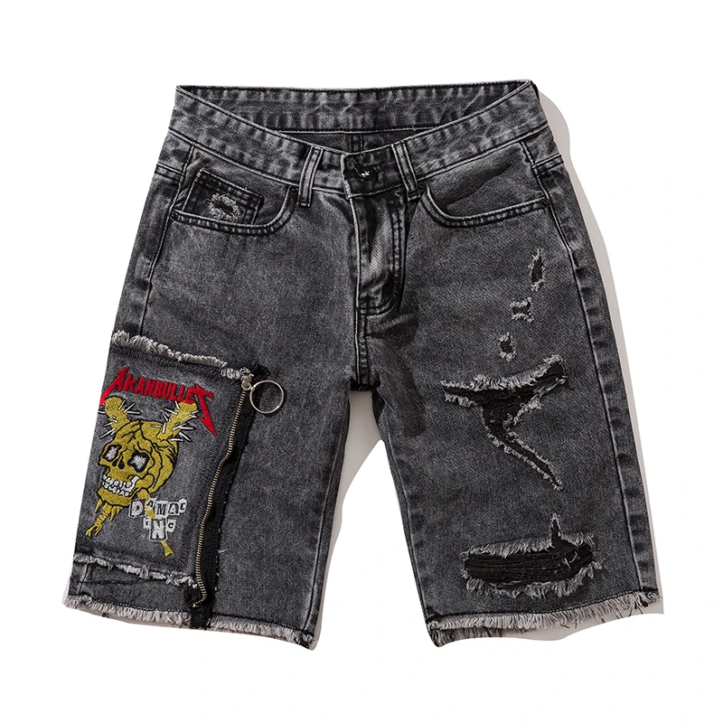 Ripped Destroyed Distressed Denim Shorts Embroidery skull Mens Hole Blue Male Hip Hop Fashion streetwear Clothing | Мужская одежда