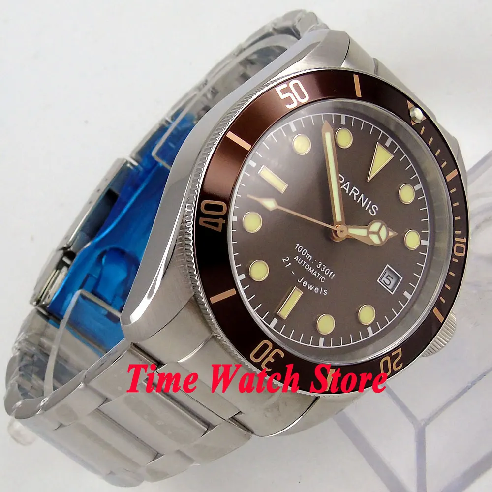 Мужские светящиеся часы PARNIS Miyota 21jewels 10ATM с коричневым циферблатом и