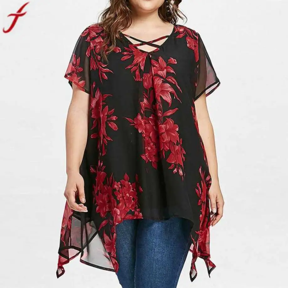 Женские топы 5xl 2019 летняя двойная шифоновая блузка с перекрещивающимися спереди
