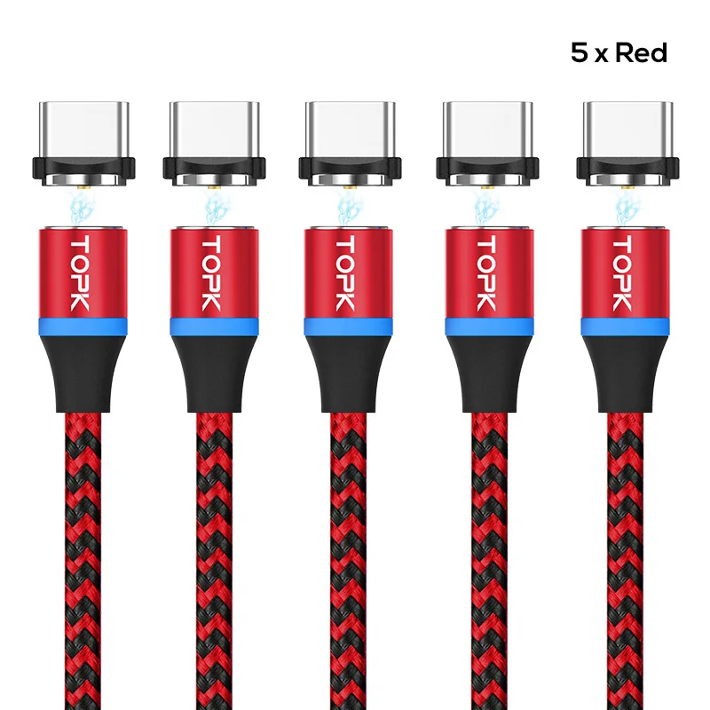 TOPK [5-Pack] RLine-R Магнитный кабель usb type C для samsung Galaxy S9 Plus OnePlus 6 type-C USB C - Цвет: 5 x Red Cable