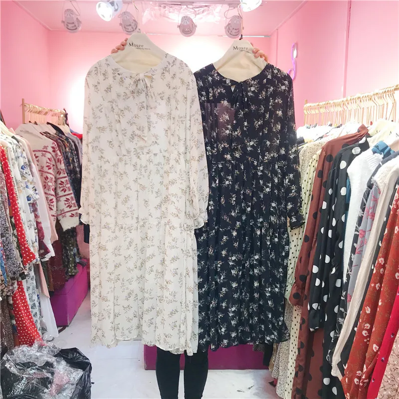 2019 Fashion Korean Mori Girl Casual Chiffon Oversized Bow Lace Up Neck Spring Floral Print Ruffle Kawaii Midi Beach Dress Women | Женская