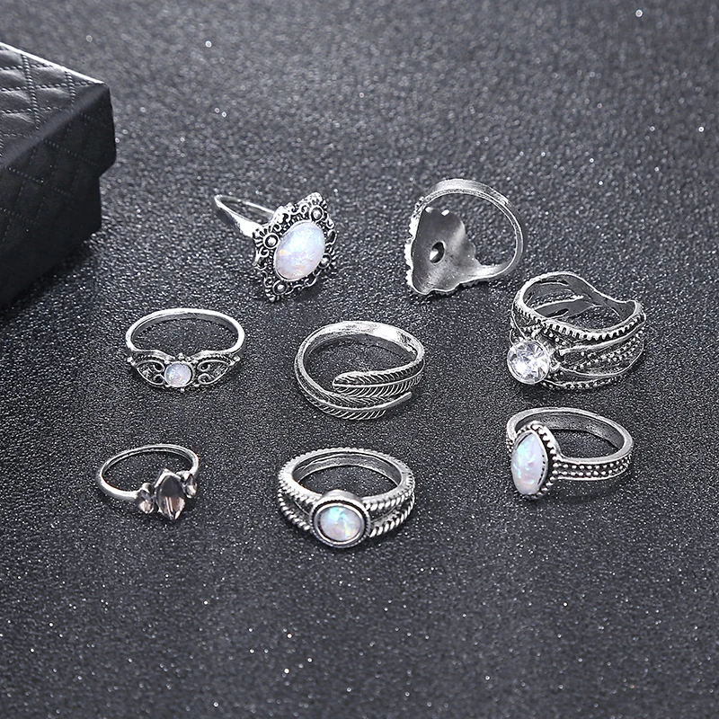 8pcs/sets Knuckle Rings Silver Color Finger Sets Natural Stone Opal Bohemian Style Fashion Jewelry For Women New2019 | Украшения и
