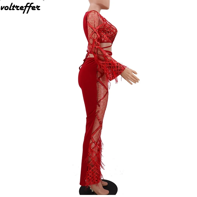 Flare Sleeve Ribbons Lace Up Crop Top Wide Leg Long Pants Two Piece Set See Through Glitter Outfits Sexy Sweat Suit Tassels 2019 | Женская