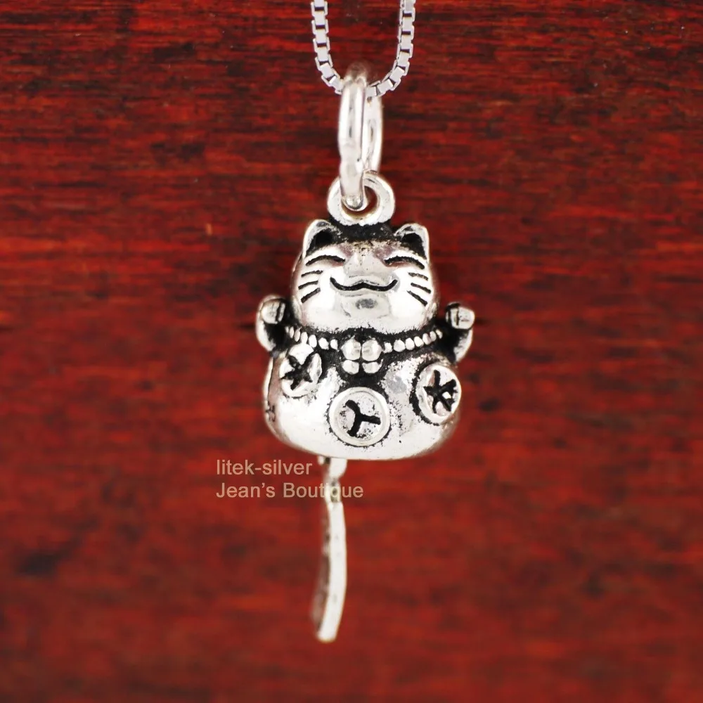 S92 цельная Подвеска из стерлингового серебра с котом Maneki neko маленький размер