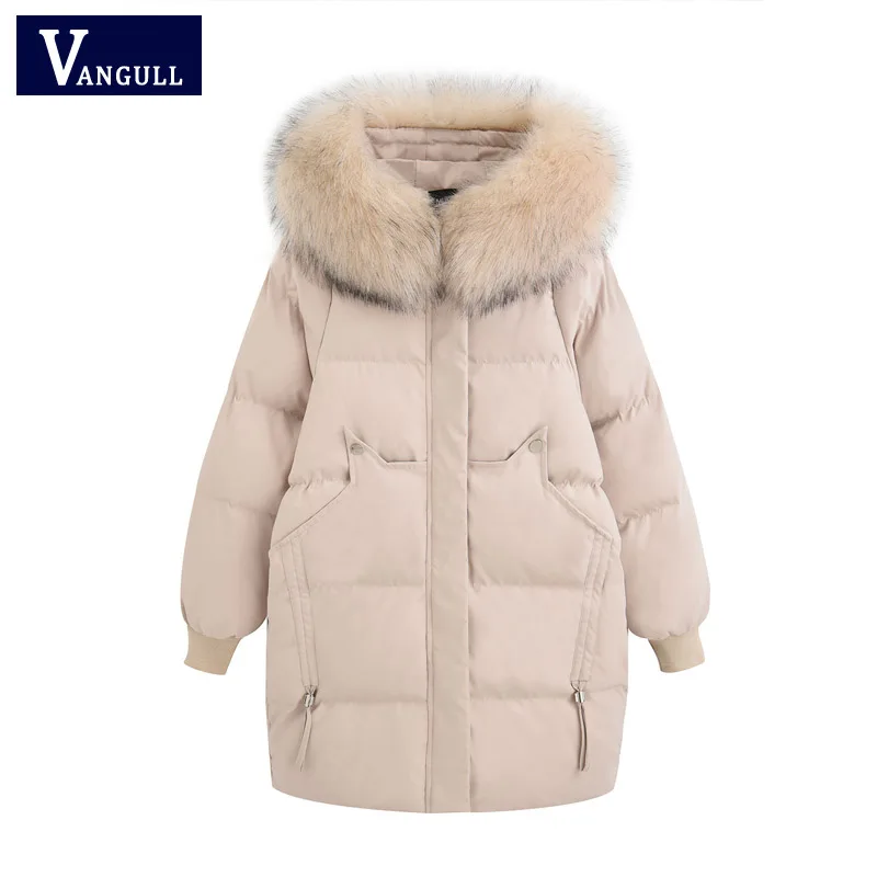 VANGULL Elegant Fur Collar Coat New Winter Thick Jacket Women Long Down cotton Parkas Female Warm Hooded Jacket Coat
