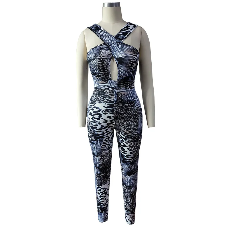 Сексуальный Змеиной Кожи Печатных Комбинезоны Новые Bodycon Скрещенные