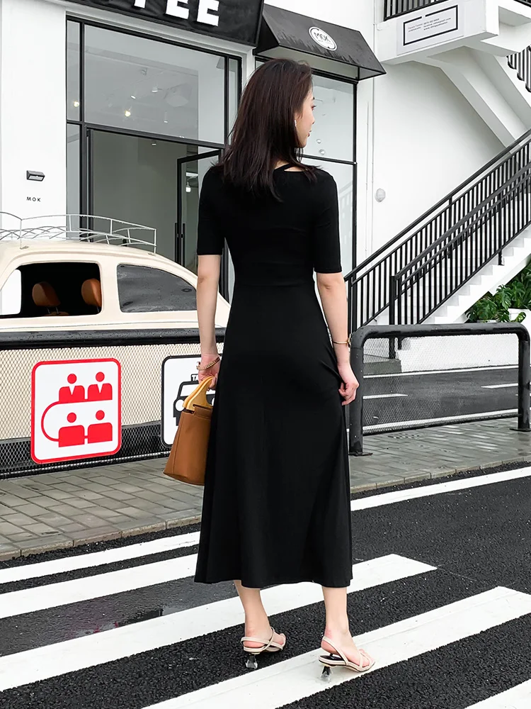 Oukytha Летнее Длинное платье Fit and Flare черный Для женщин платья Рубашка с короткими