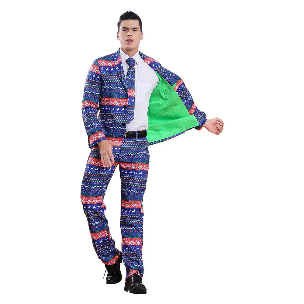Рождественские костюмы Санта-Клаус Косплей Костюм мужской Рождество Slim Fit Модные синие полосатые костюмы Брюки смокинг для свадебной вечеринки