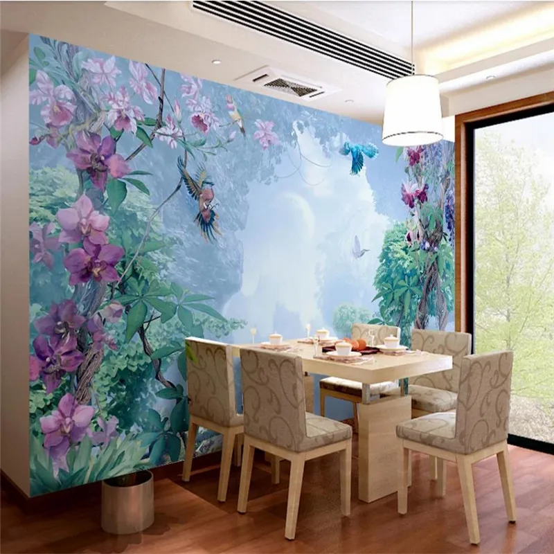 Custom wallpaper Nordic hand-painted small fresh tropical plants flowers and birds background decorative waterproof material |