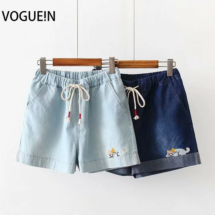 Женские джинсовые шорты VOGUEIN со шнурком и вышитыми кошками Шорты для сна|Женские