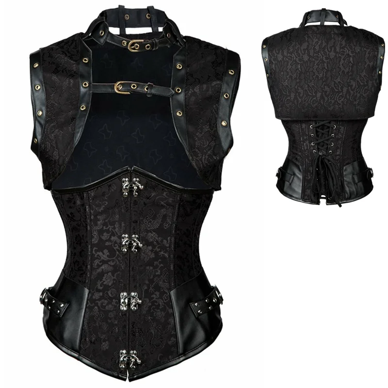 Ретро черный ПАРЧОВЫЙ ТОП без воротника сексуальный корсет жилет стимпанк
