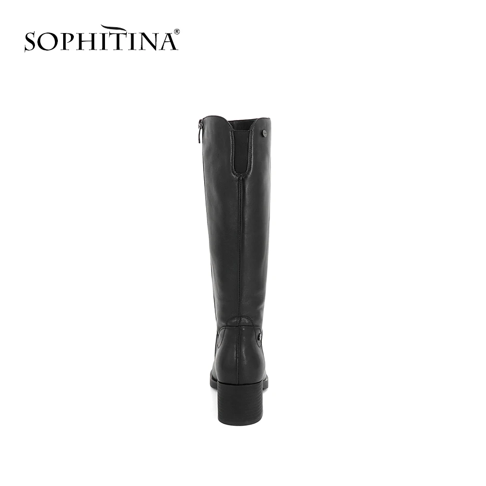 SOPHITINA/Зимние сапоги из натуральной кожи, внутри натуральнный мех. Теплая женская обувь с маленькой пряжкой и молнем сбоку на среднем толстом каблуке и толстой подошве. Полусапоги женские с широким голенищем. BA6