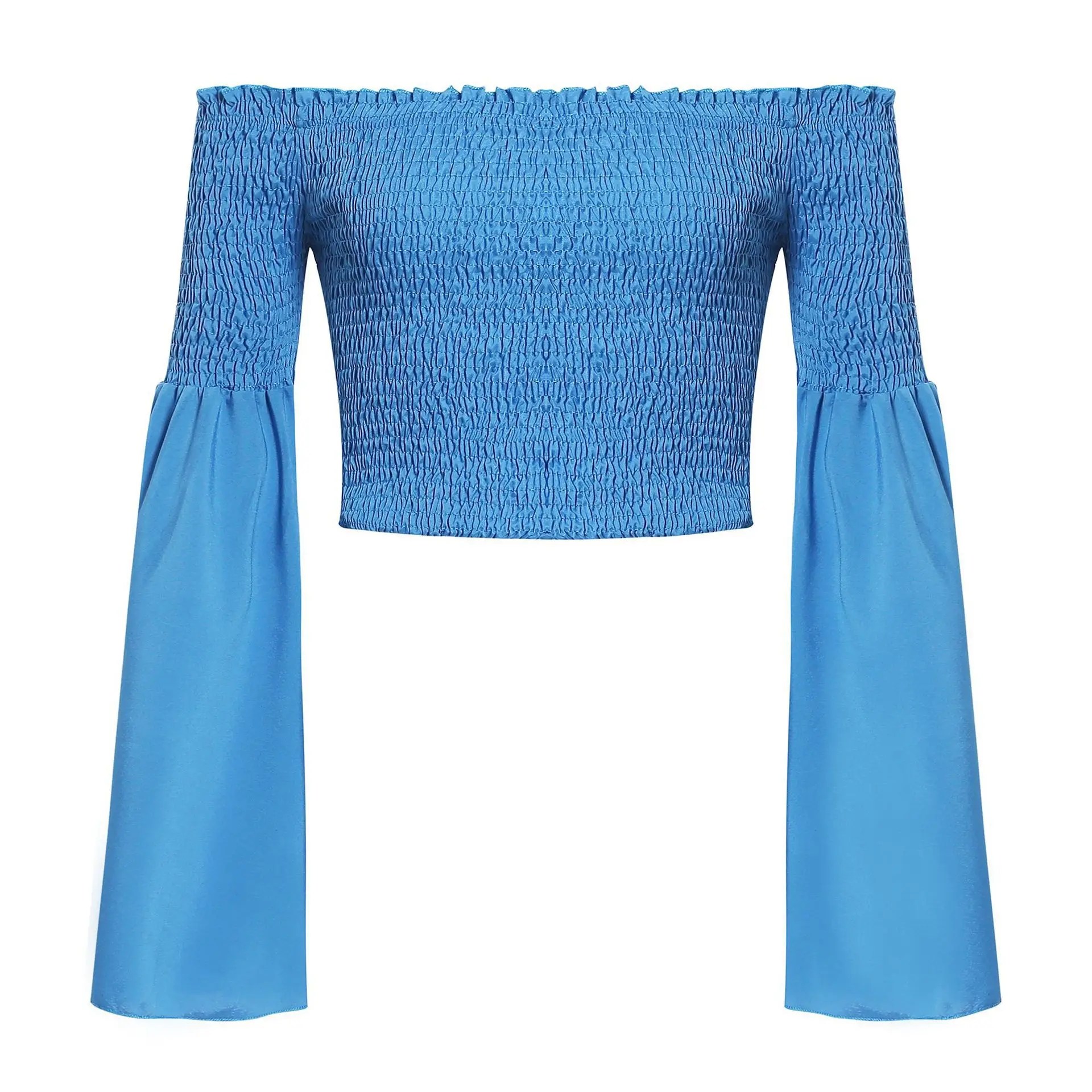 

Slim Tube Top Shirt 2019 Fashion Off Shoulder Sexy Solid Blue Blouse Tops Long Sleeve Flare Crops Tops Woman Short Blouse