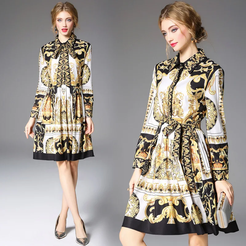 

Italy style long sleeves vintage dress New 2018 autumn women bowtie Dress Chic retro print dress D761