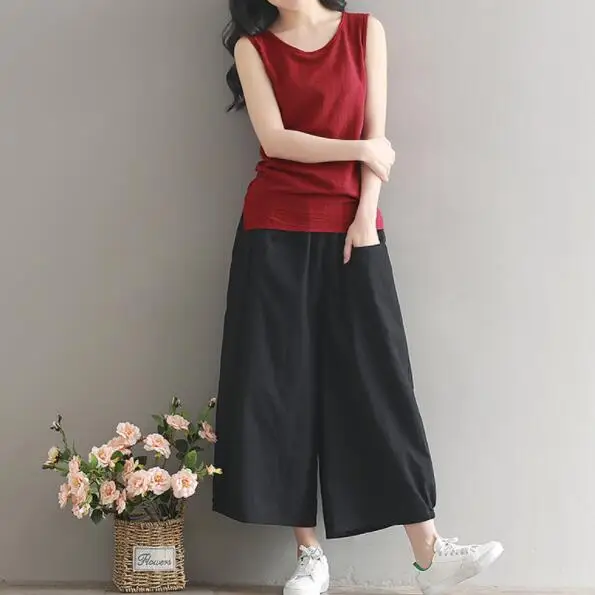 Woman Trousers Cotton Linen Pants Loose Wide Leg Elastic Waist Vintage Womens Harem Thin DV883 | Женская одежда