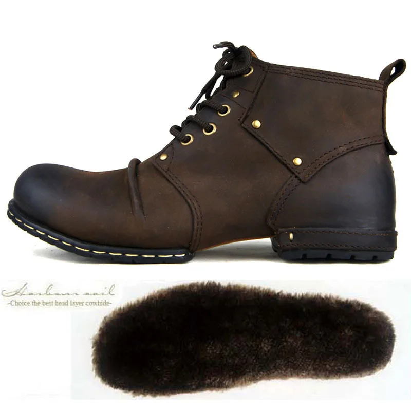 BROWN WITH FUR OTTO ZONE/Мужская обувь ручной работы из натуральной коровьей кожи; ботильоны на шнуровке; мужская обувь на меху; зимние ботинки - Цвет: BROWN WITH FUR