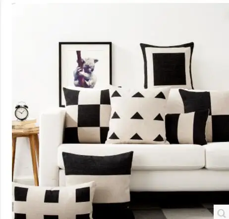 

Black white geometric cushion cover cotton linen square plaid throw pillow cover lumbar pillowcase home decor