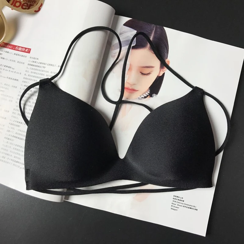Черный Невидимые бюстгальтеры Мягкие Нет проволоки Strappy Super Push Up Bralette Сексуальные женщины Backless Underwear Femme BH Большой размер Deep V Black лифчик пуш ап нижнее белье бюсгалтер - Цвет: Черный