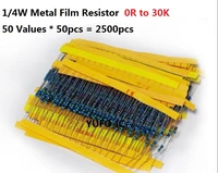 50values50pcs2500pcs 0r 30k ohm 14w 5 metal fillm resistor kit set assort pack 1r 47r 100r 180r 220r 560r 1k 2 2k 10k 20k