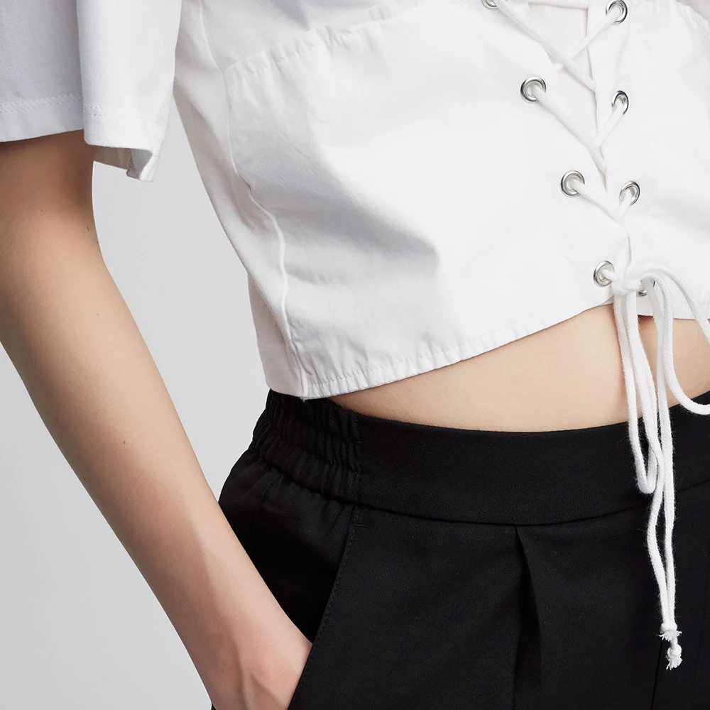 Sheinnet 2017 Solid White Brief Women T-Shirt Lace Up Preppy Chic Crop Tops O-Neck Casual Loose Female Summer Top Tees | Женская одежда