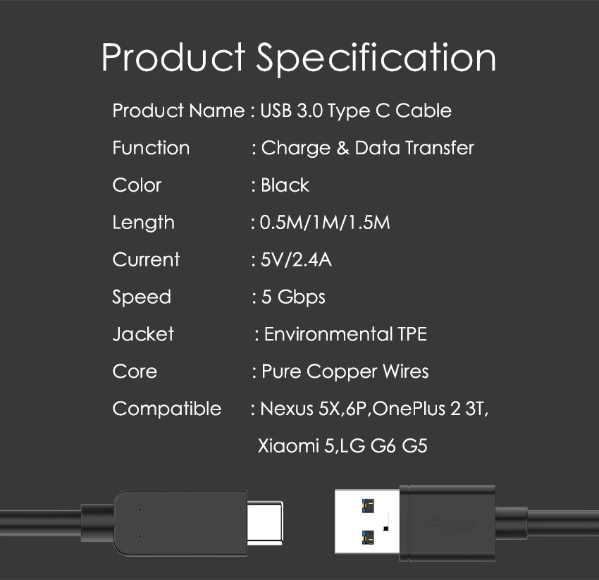 JianHan USB 3,0 type-C кабель 5 Гбит/с быстрое зарядное устройство usb type-C кабели для Xiaomi 4C Mi5 samsung S8 Plus huawei P9 LG G5 Oneplus 2 3