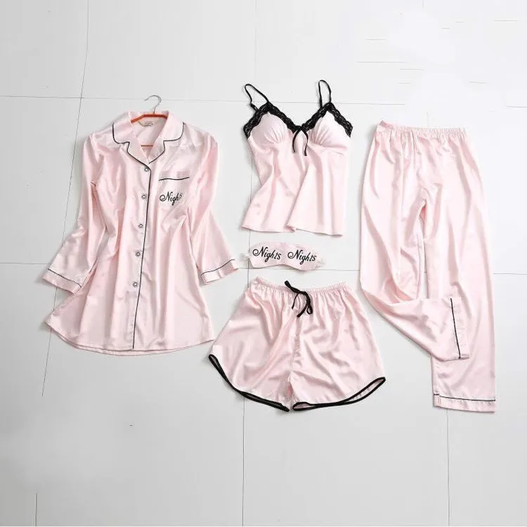 Pink Весенне-летние женские пижамные комплекты с длинным рукавом и принтом, с брюками, сексуальная пижама с тонкими лямками, 5 шт., домашняя одежда с нагрудными накладками - Цвет: Pink