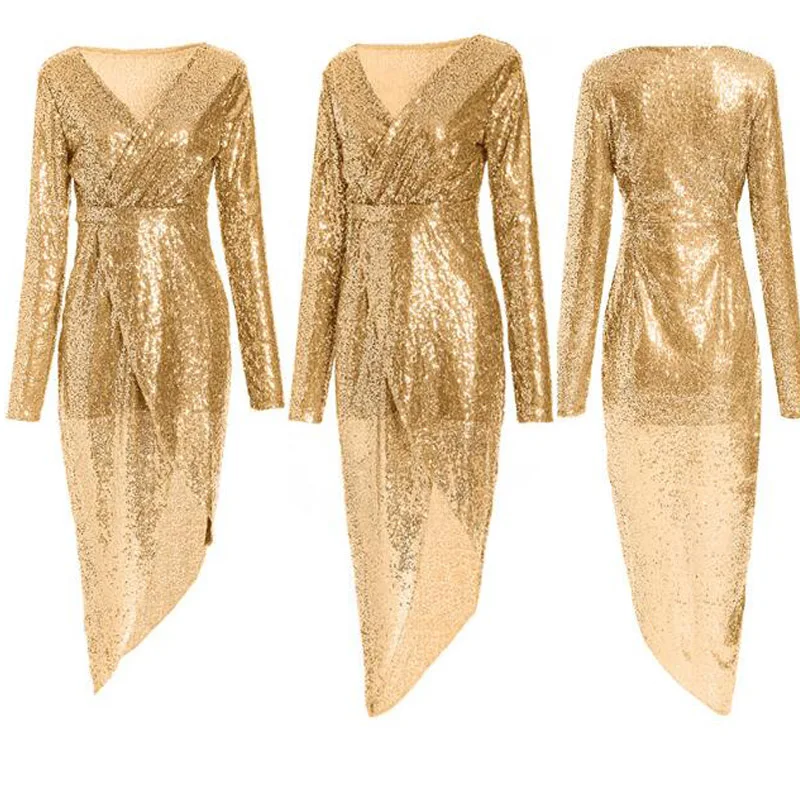 Женское платье с блестками вечернее блестящее длинным рукавом и треугольным