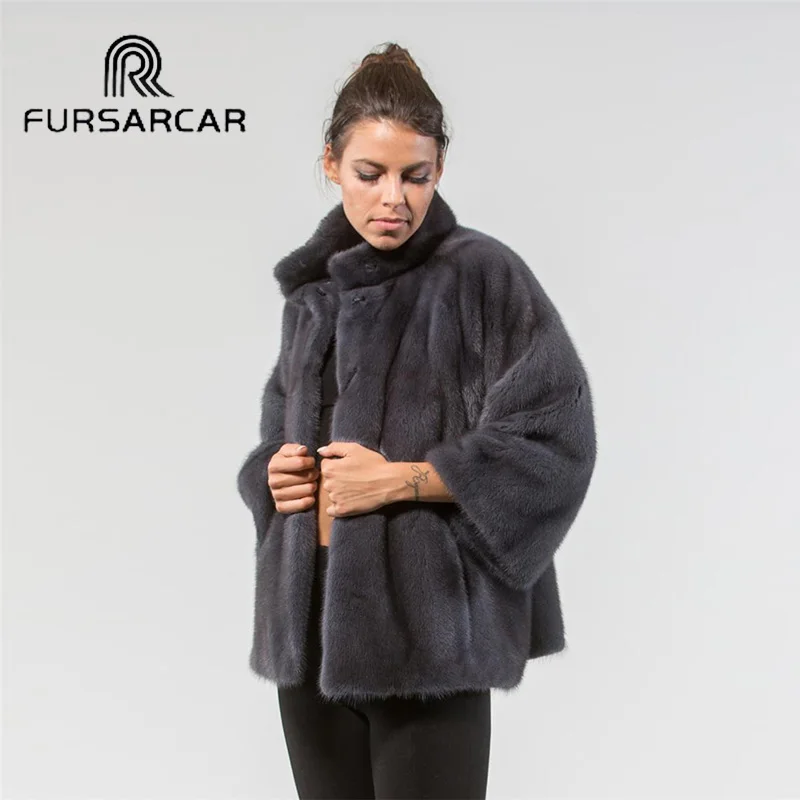 Женская норковая шуба FURSARCAR длинная из натурального меха норки со стоячим