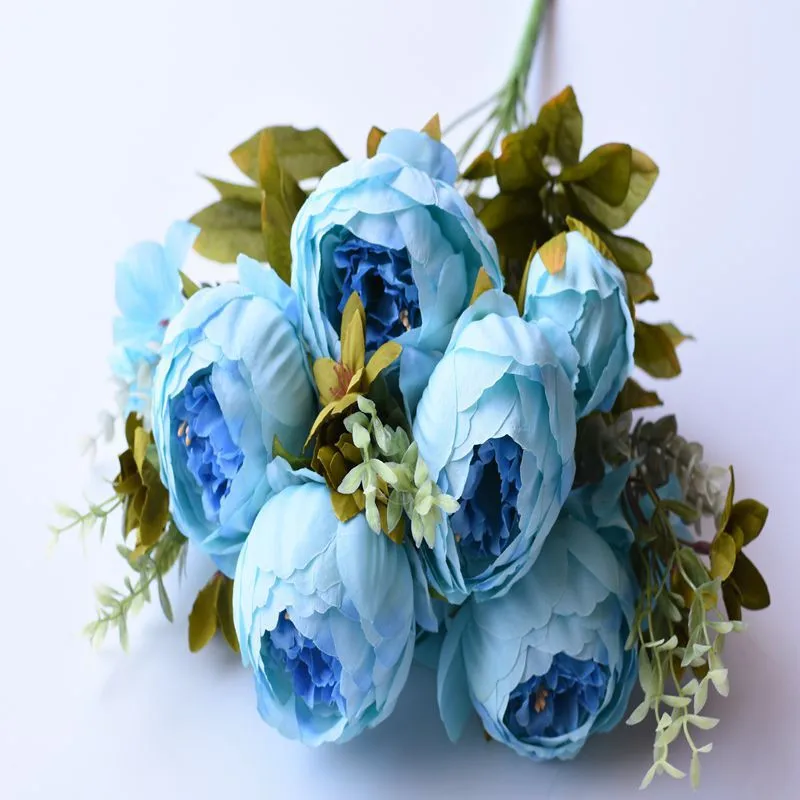 Sky blue 13 голов/Букет искусственных цветов, высокое качество, Шелковый цветок, Европейский осенний яркий пион, Искусственный лист, свадебные, вечерние, для дома - Цвет: Sky blue