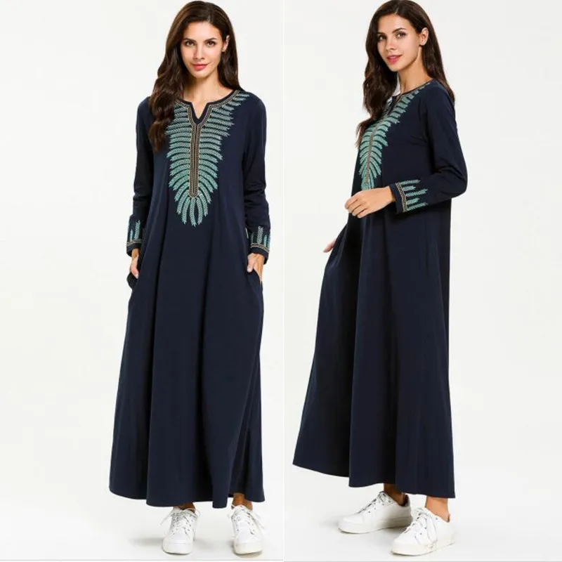 Женское мусульманское арабское платье Кафтан Макси женское с вышивкой длинным