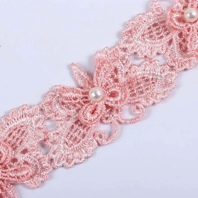 White pink butterfly Cotton Lace Trims with pearl beads DIY Clothes Edge Wrapping Ribbon Tape Material 0.9m 1PC | Дом и сад