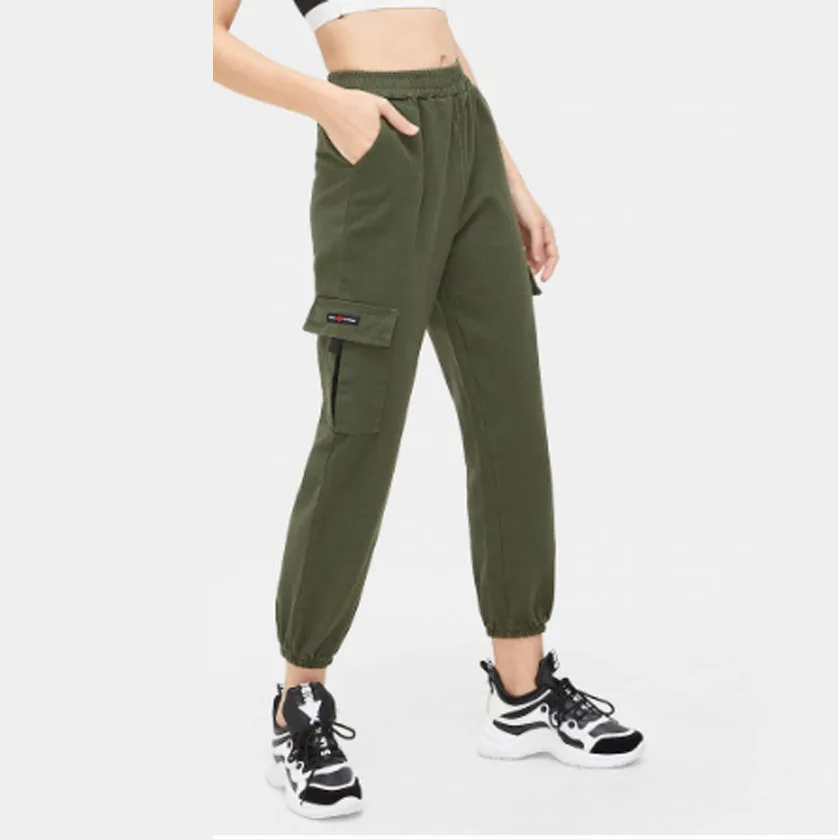 Green pants Зеленые женские брюки-карго Брюки с эластичной резинкой на талии большие спортивные брюки с карманами военные брюки уличная с завязками на лодыжке B97394 - Цвет: Green pants