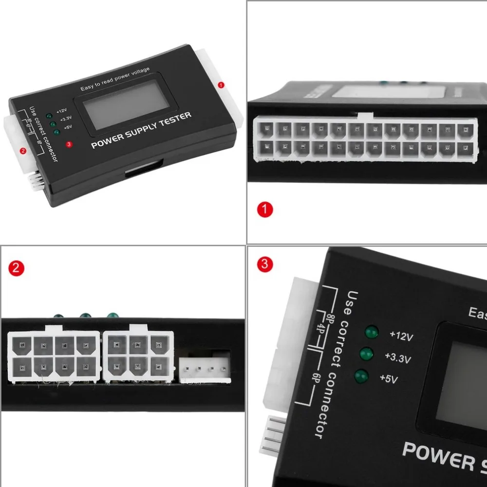 SD power supply tester for PC-power supply/ATX /BTX /ITX compliant LCD Display SATA HDD Tester 20/24 pin Professional