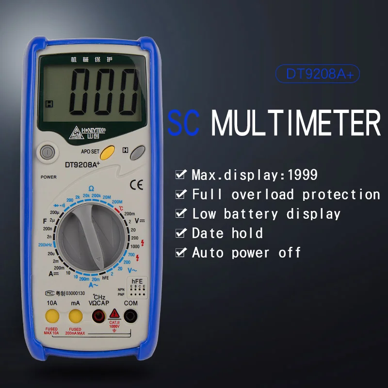 HONEYTEK DT9208A + цифровой ЖК дисплей универсальный тестер ток AC/DC напряжение