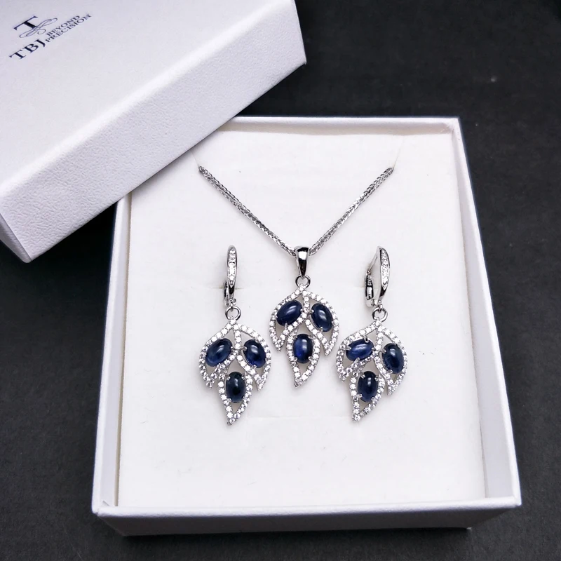 TBJ Tree leaf jewelry set with blue sapphire clasp earring and pendant in S925 silver elegant for women ladies as gift | Украшения и