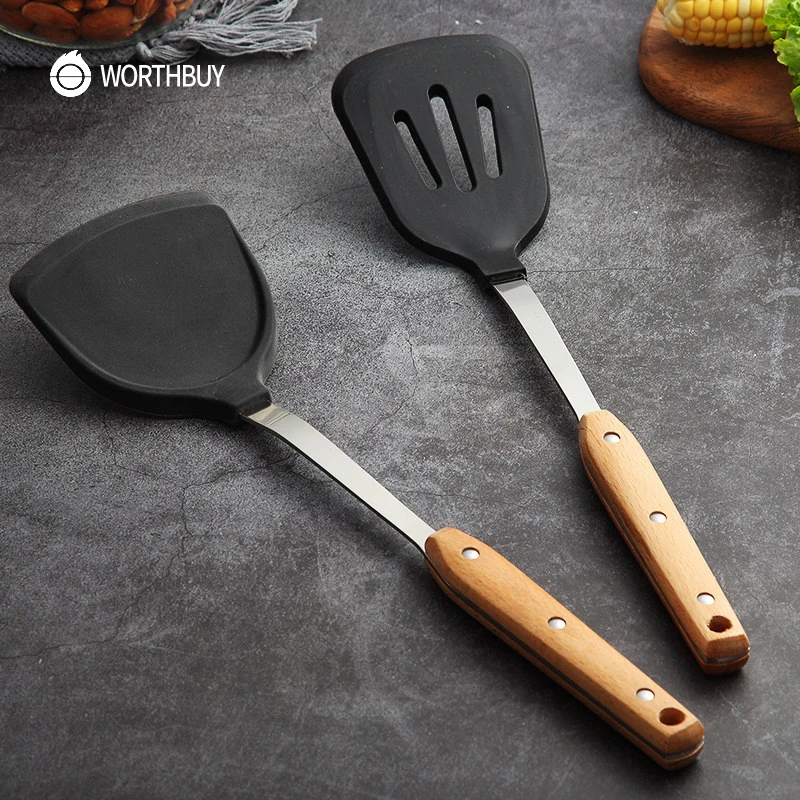 WORTHBUY Kitchen Cooking Utensils Non-stick Silicone Spatula Turner For Kithcen Non-Slip Kitchenware With Wooden Handle | Дом и сад