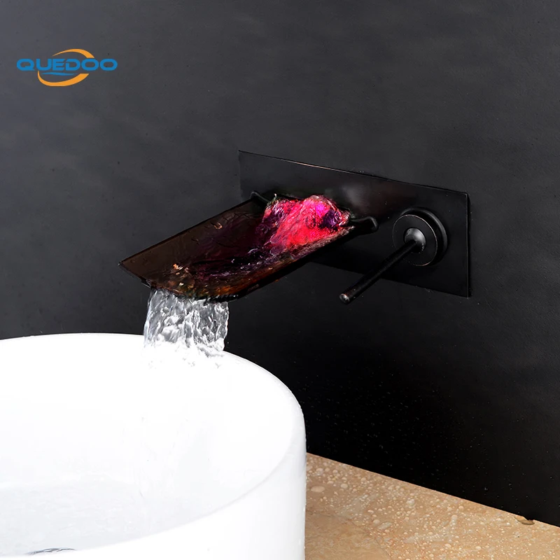 3 Color Change LED Wall Mounted Waterfall Glass Spout Oil Rubbed Bronze Finished Brass Bathroom Faucet Single Handle Mixer Tap |