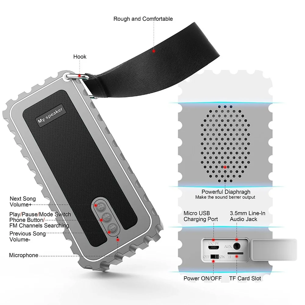 Outdoor IP67 Waterproof Dustproof Shockproof Bluetooth 4.1 10W Speaker with Enhanced Bass Built-In Mic TF Card AUX Line-In |