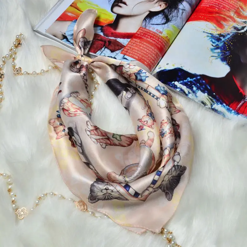 Милые кошки Бандана с принтом 100% атласный Шелковый платок небольшой квадратный