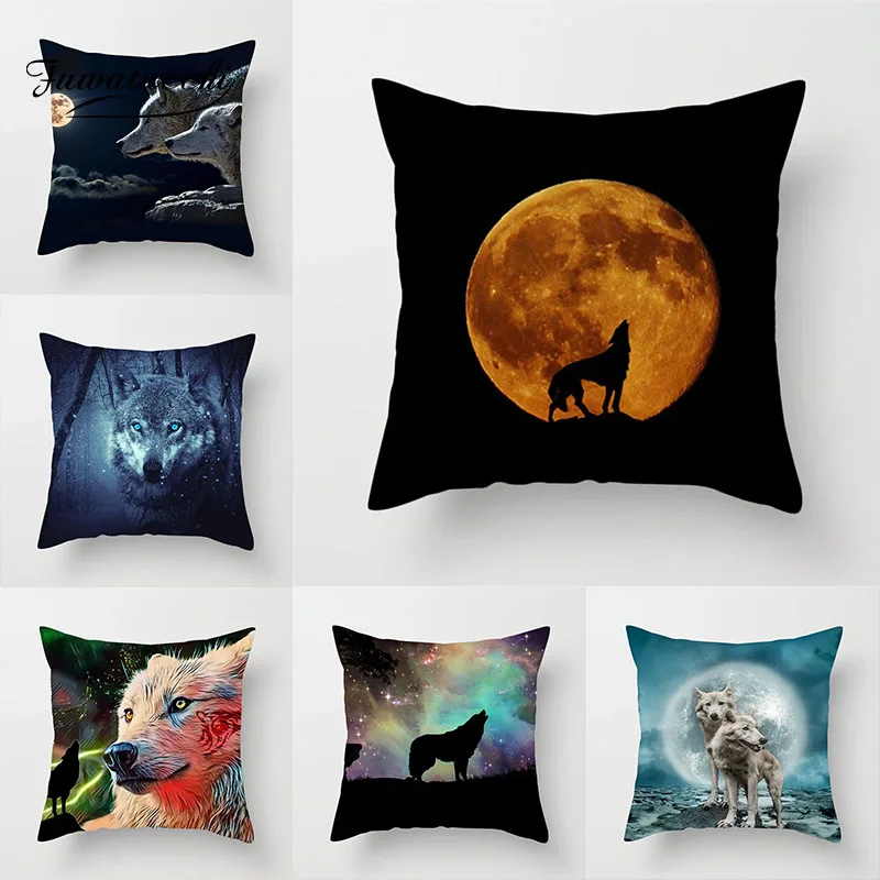 Fuwatacchi Wolf Animal Cushion Cover Moon Dog Mountain Pillow Cover For Sofa Living Room Home Decorative Pillowcase 45cmX45cm