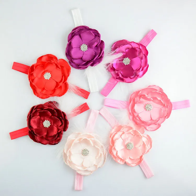 110 шт./лот 9 см для девочек пионы цветы головные уборы с перьями сплав стразы центр
