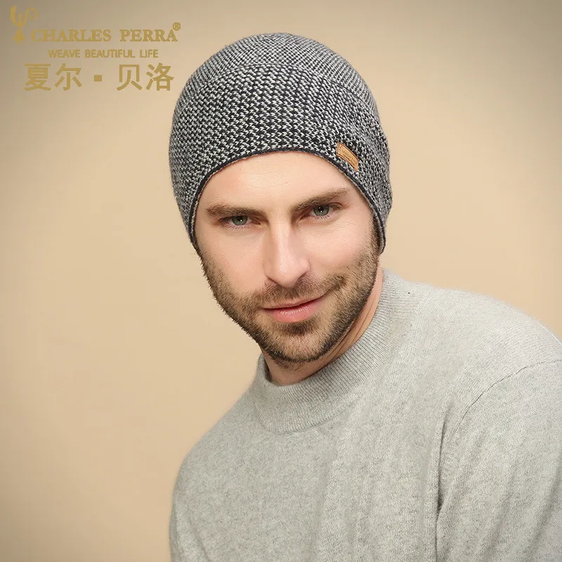 grey Charles Perra, новинка, мужские вязаные шапки, зимние, двухслойные, утолщенные, шерстяные шапки, модные, повседневные, мужские, Skullies Beanies D307 - Цвет: grey