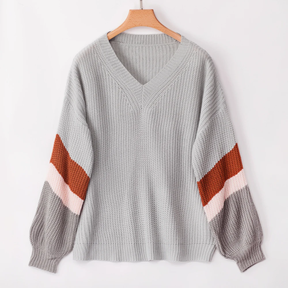 Adogirl Vintage Striped Patchwork V Neck Women Sweaters Pullovers Loose Knitted Autumn Winter Female Clothing Casual | Женская одежда