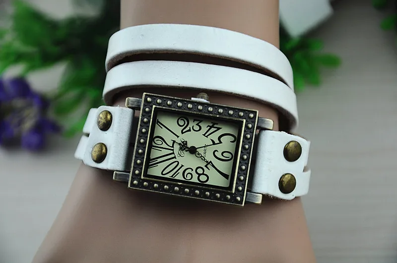 2 шт. прямоугольные часы Белый Двойной Кожаный браслет #22864|leather strand bracelet|leather snap