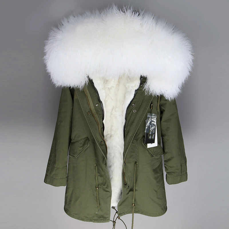 green white OFTBUY пальто с натуральным мехом, зимняя куртка, Женская длинная парка, воротник из натурального меха монгольской овцы, капюшон, подкладка из натурального кроличьего меха, уличная одежда - Цвет: green white