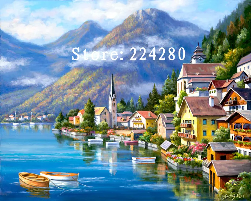 

Needlework,Handwork 14CT Counted Lake Town Mountain Scenery Embroidery DIY Cross stitch kit,Art Cross-Stitching Home Decor