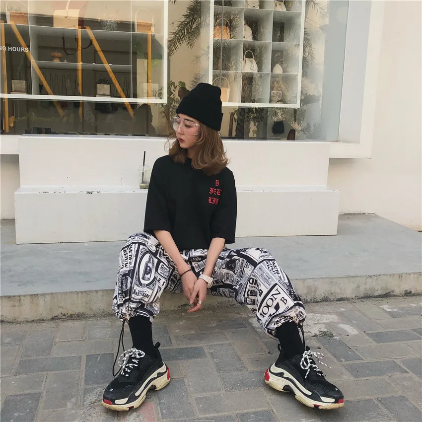 Женские регулируемые длинные брюки Harajuku Свободные повседневные с принтом газет