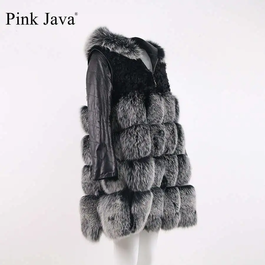 Pink Java QC8095 FREE SHIPPING natural fox fur long coat real vest with Detachable sheep leather sleeve hood | Женская одежда